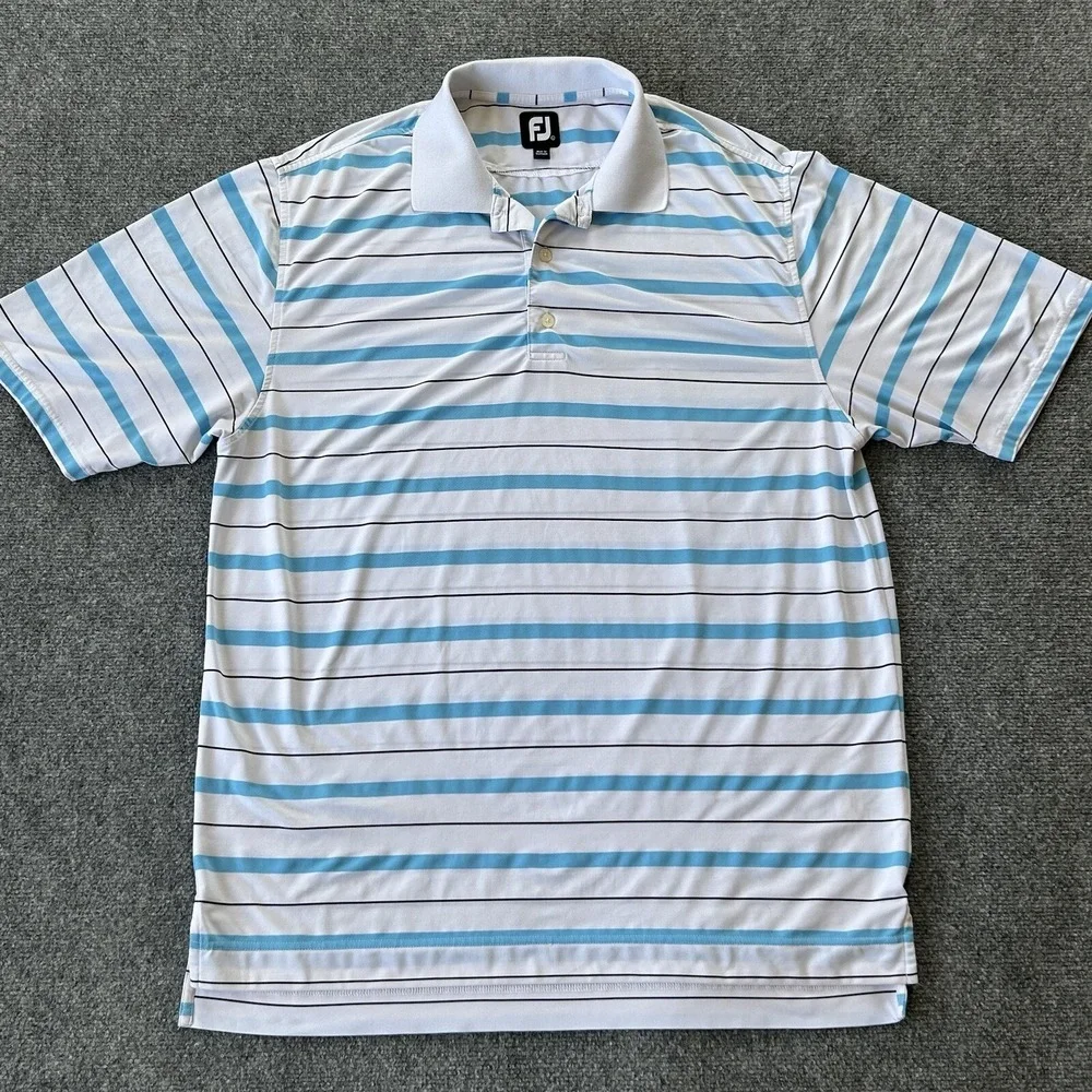 Footjoy Shirt Men Large Blue White Stripe Golf Polo Performance Hybrid Relax Fit